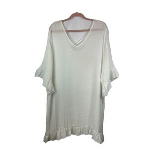 Ekouaer White Ruffle Hem Tunic Top Cover Up XXXL Boho Cottagecore Bell Sleeve